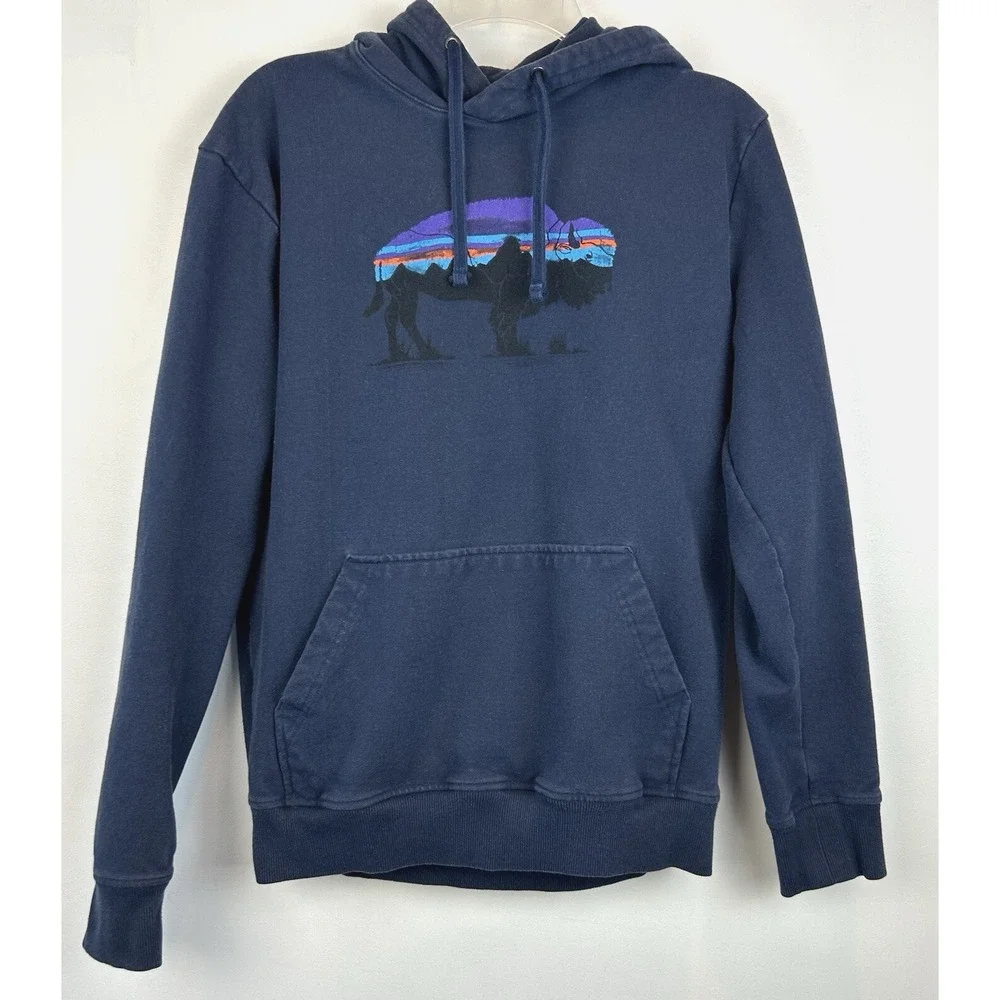 Patagonia Hoodie Mens Small Fitz Roy Bison Uprisal Blue Recycled Buffalo Bison